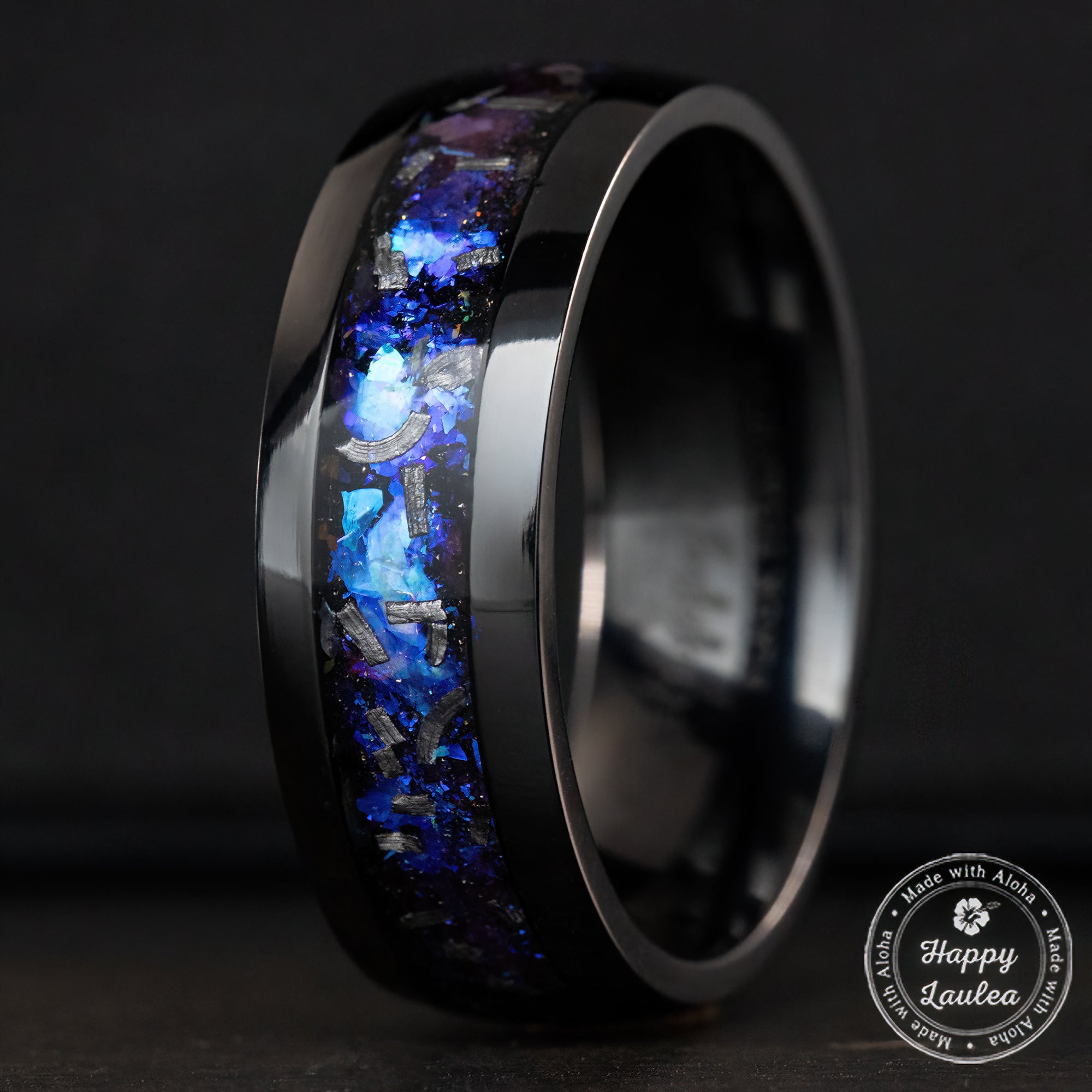 Black Titanium Ring [8mm width] Blue Fire Opal & Meteorite