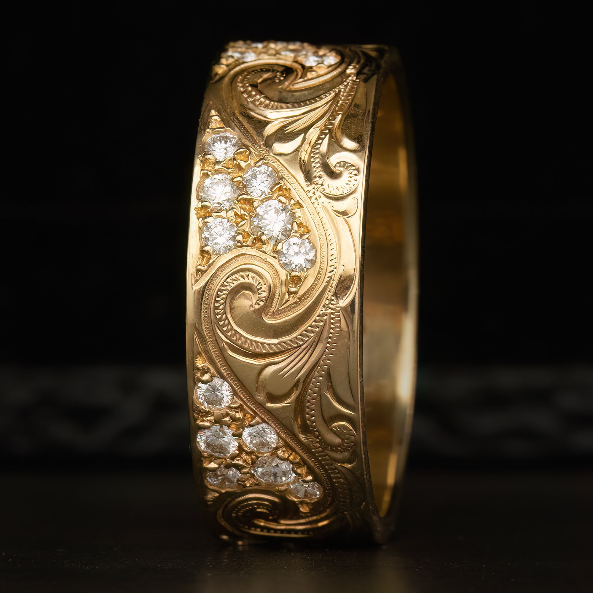 Engraved Diamond Ring - Wavy Wedding Band