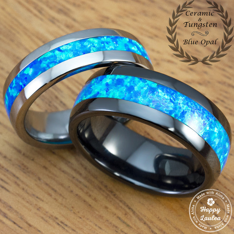 His and Hers Deep Underwater Opal Wedding Band Set Black Ceramic