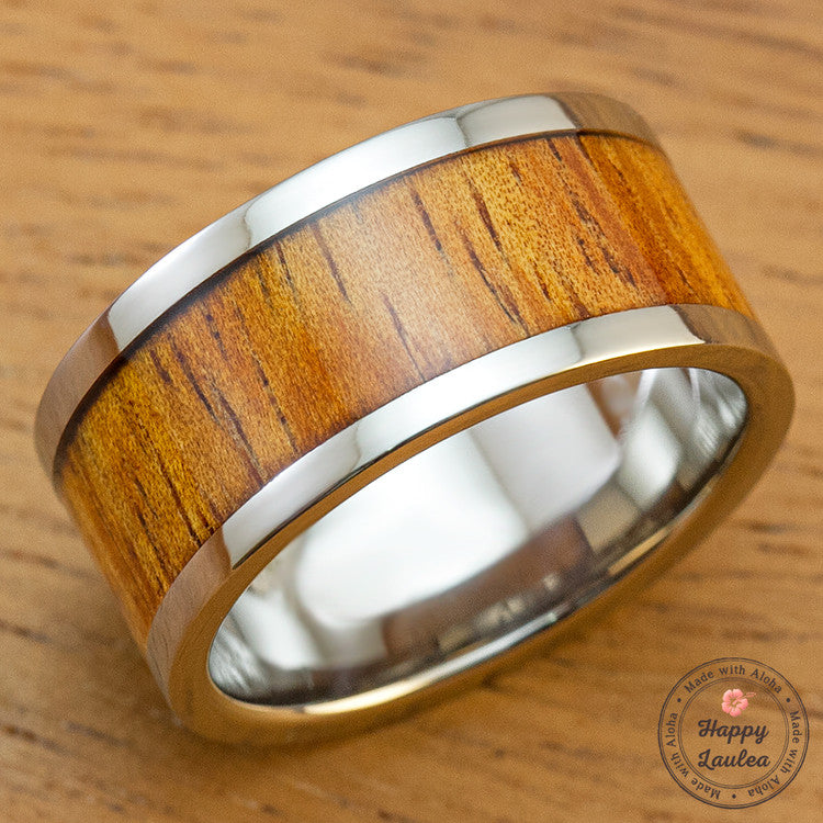 Titanium Ring with Hawaiian Koa Wood Inlay - 10mm, Flat Shape, Standard  Fitment