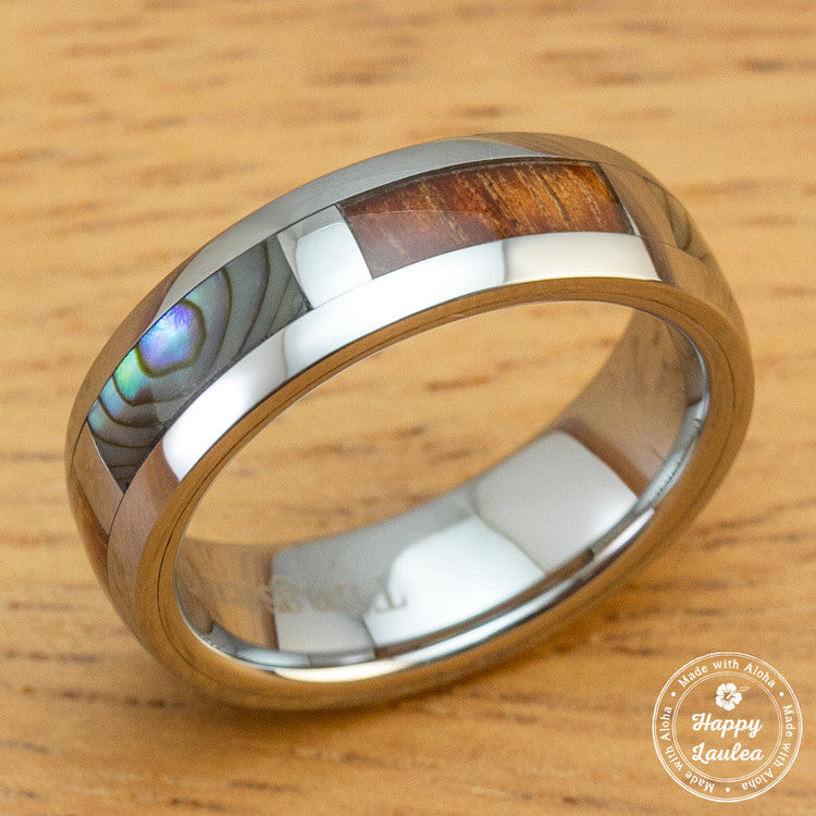 Hawaiian koa wood and abalone shell on sale tungsten carbide custom made titanium ring