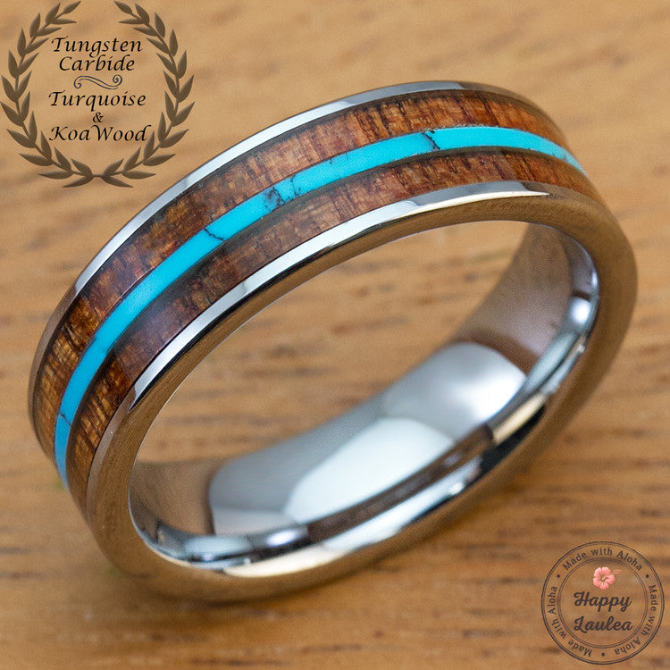 Men's Black Ceramic Wood Wedding Band Ring, Blue Turquoise & Hawaiian Koa Wood, Comfort Fit Custom Two Tone Rings - 6MM 2024 - 8MM