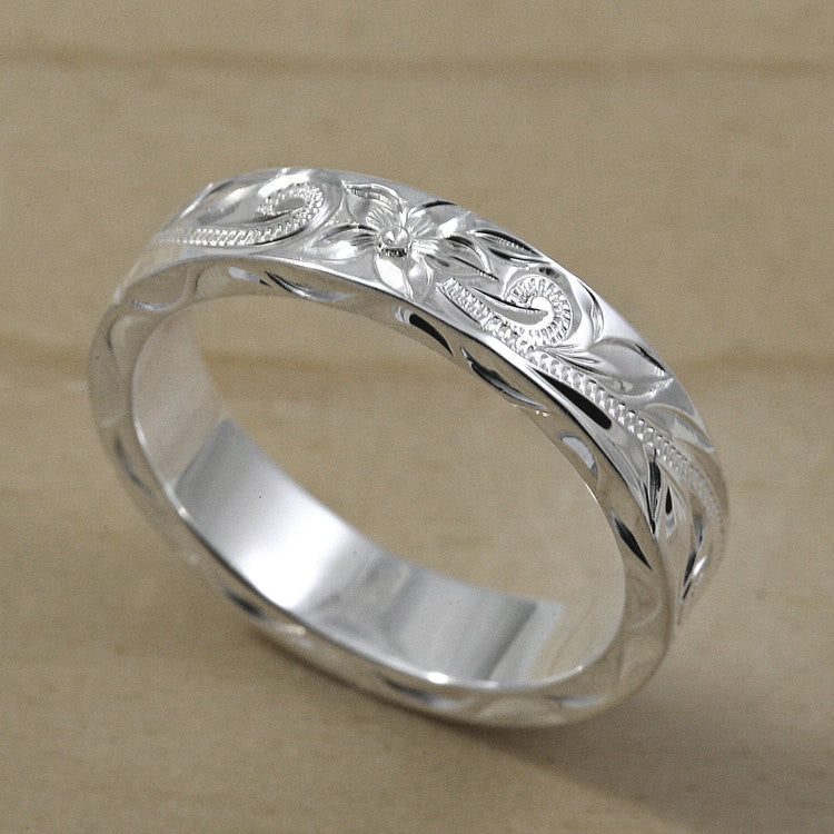 Hawaiian Hand Engraved Silver Flat Ring | Sterling Silver Wedding