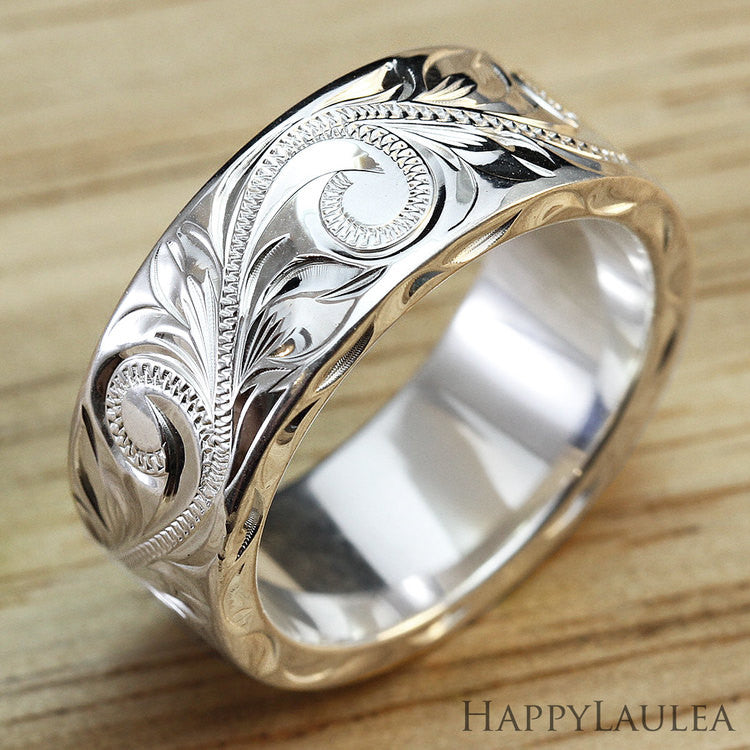Sterling Silver 8mmx2mm 'Heavy Style' Hawaiian Jewelry Hand Engraved Ring -  Flat Shape, Standard Fitment