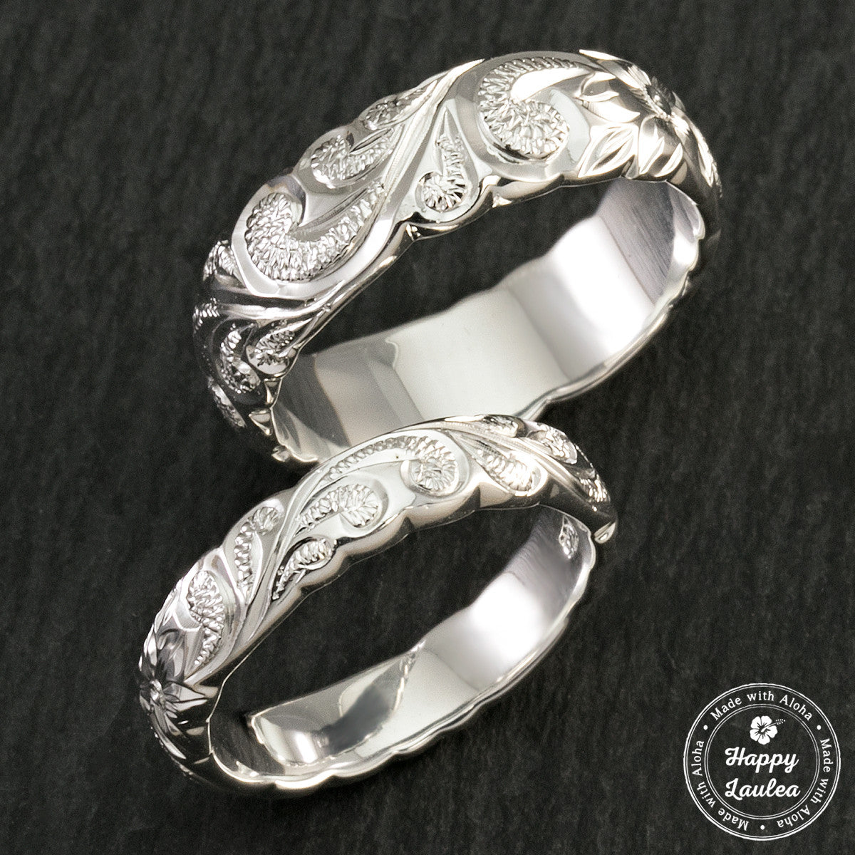 Pair of 925 Sterling Silver Hawaiian Jewelry Ring Set [4&6mm] Scroll Design  - Dome Shape Standard Fitment