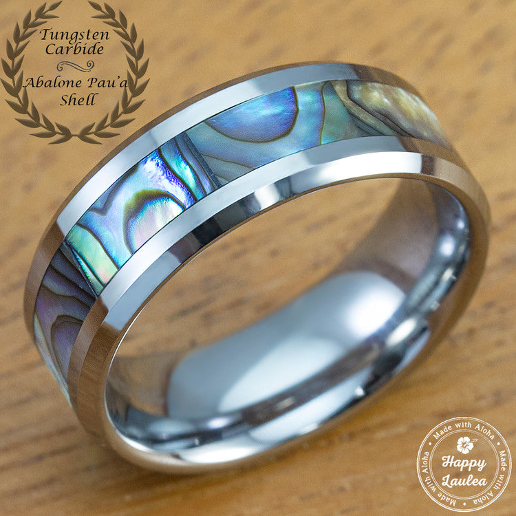 Mother of Pearl Abalone Pau'a Shell Tungsten Carbide Beveled Edge Ring [8mm  width]