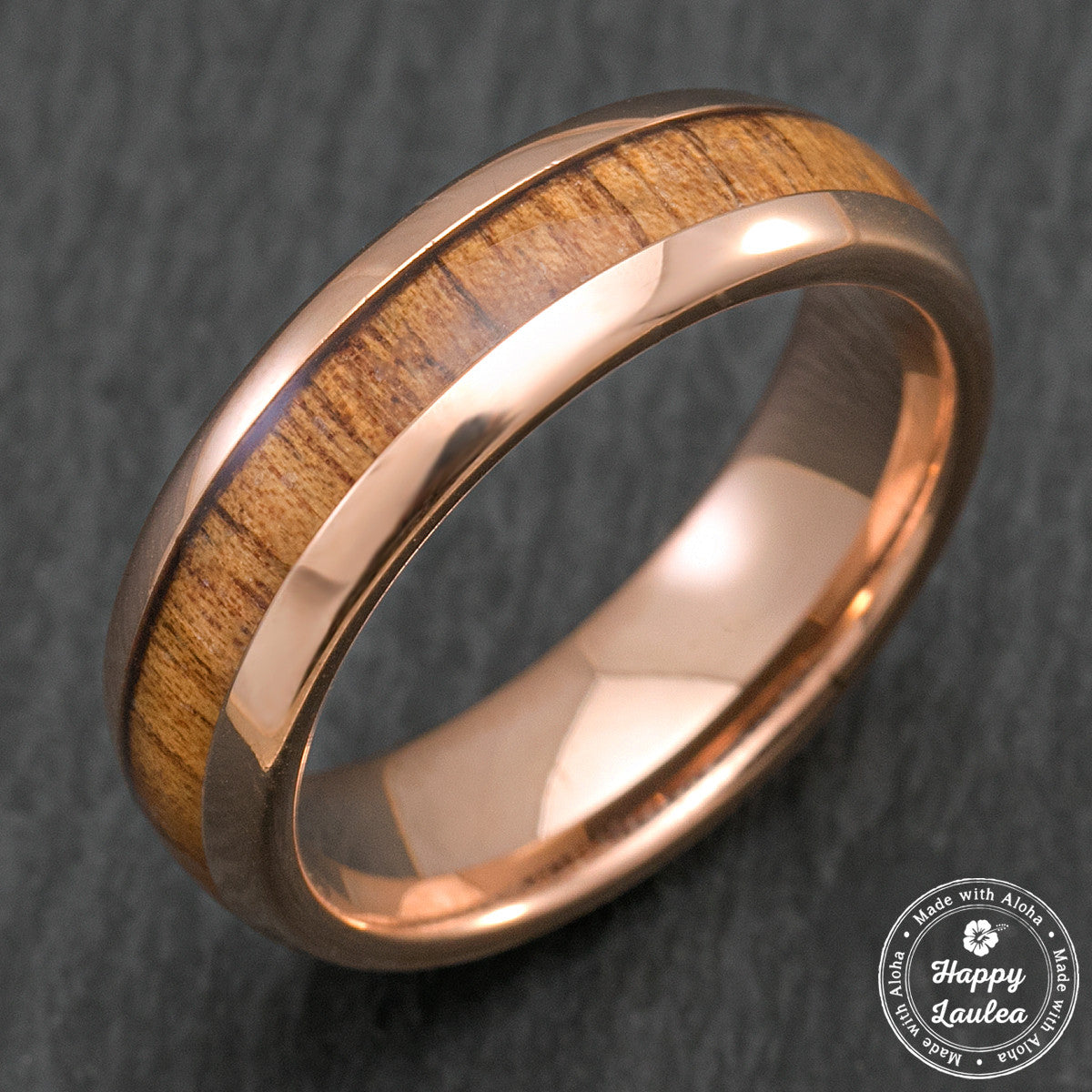 18k Rose Gold Plated Tungsten Ring with Koa Wood Inlay, Koa Wood Tungsten Ring, Wooden Mens Wedding Ring, on sale Rose Gold Plated Wedding Band Mens