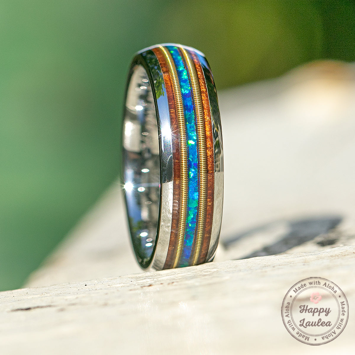 Tungsten Carbide Ring with Guitar String, Azure Blue Opal, & Koa Wood