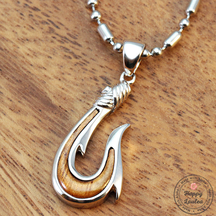 Silver Fish Hook Pendant with Koa Wood Inlay (Small)