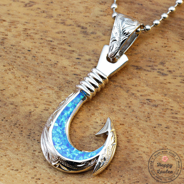 Sterling Silver Opal Fish Hook Necklace for Men, Women, Boys, Girls.  Tropical Ocean, Sea Life, Hawaiian Pendant Jewelry. Gift for Him, Her. 