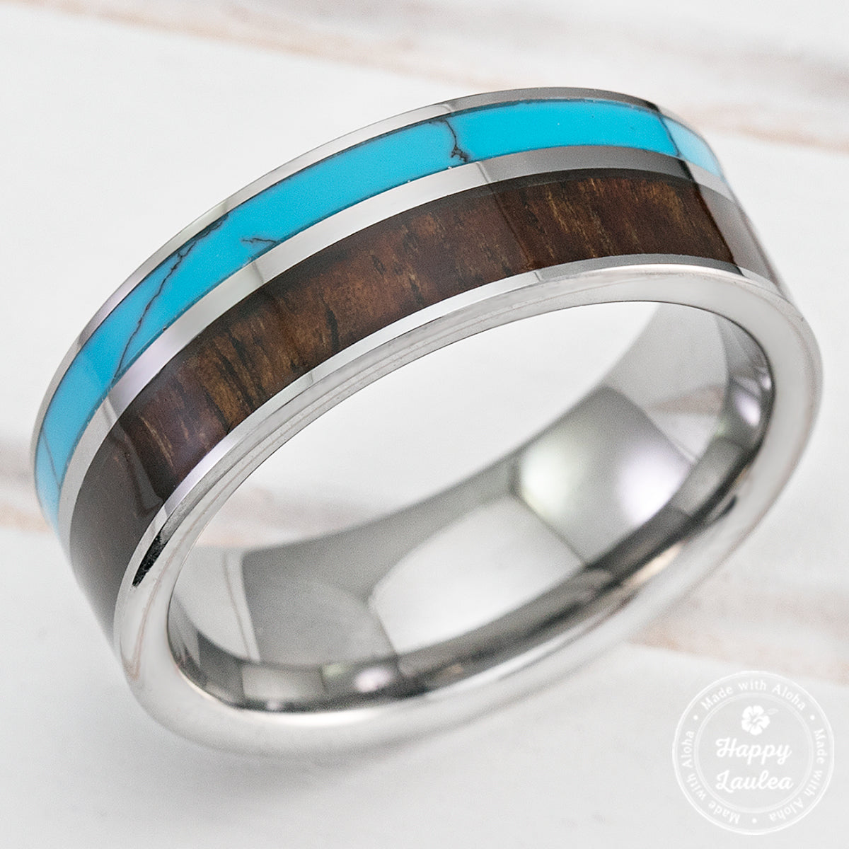 Wood ring with turquoise on sale inlay