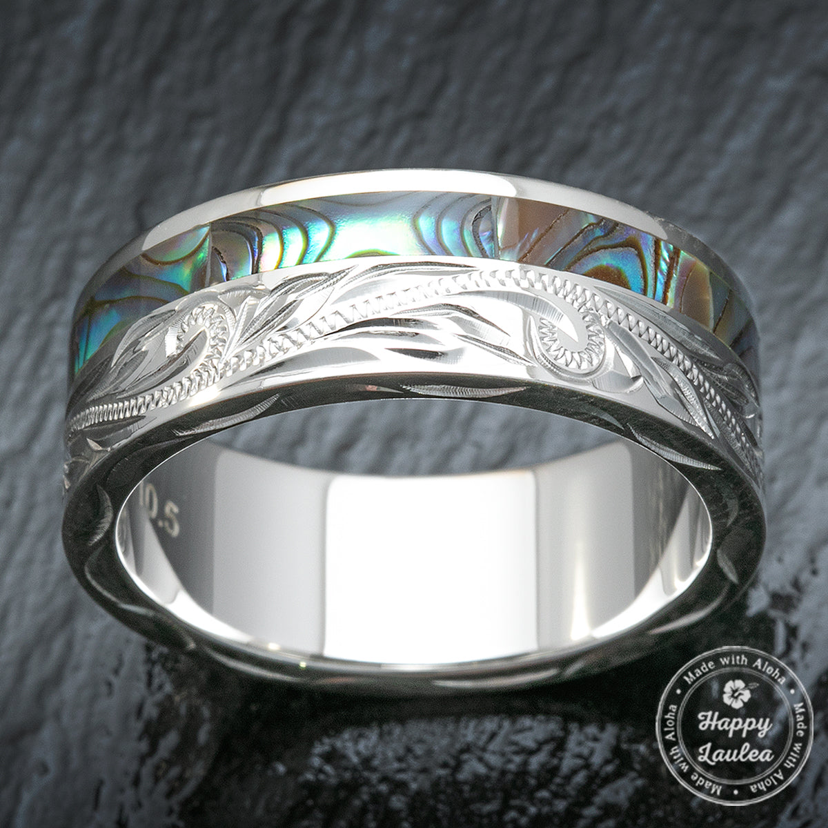 Sterling Silver Hand Engraved Ring with Offset Abalone Shell Inlay - 8