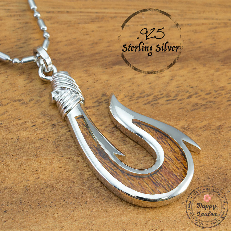 Sterling Silver Masculine Hawaiian Fish Hook 'Makau' Necklace with Haw