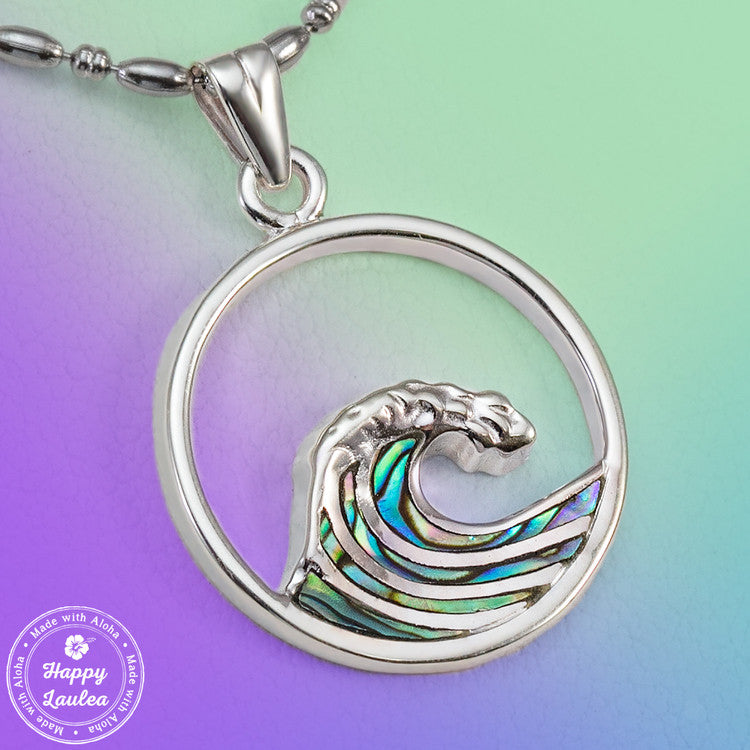 925 Sterling Silver Ocean Wave Pendant with Abalone Pau'a Shell Inlay  (Chain Included)