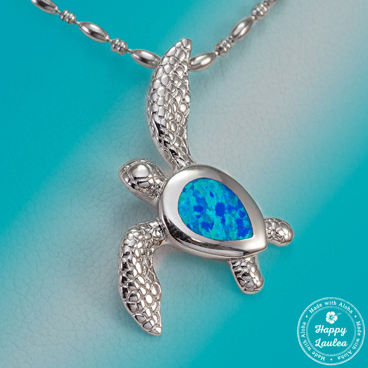 Sterling Silver Realistic Sea Turtle Hawaiian Honu Pendant with Blue Opal Inlay, Stainless Steel Chain Included