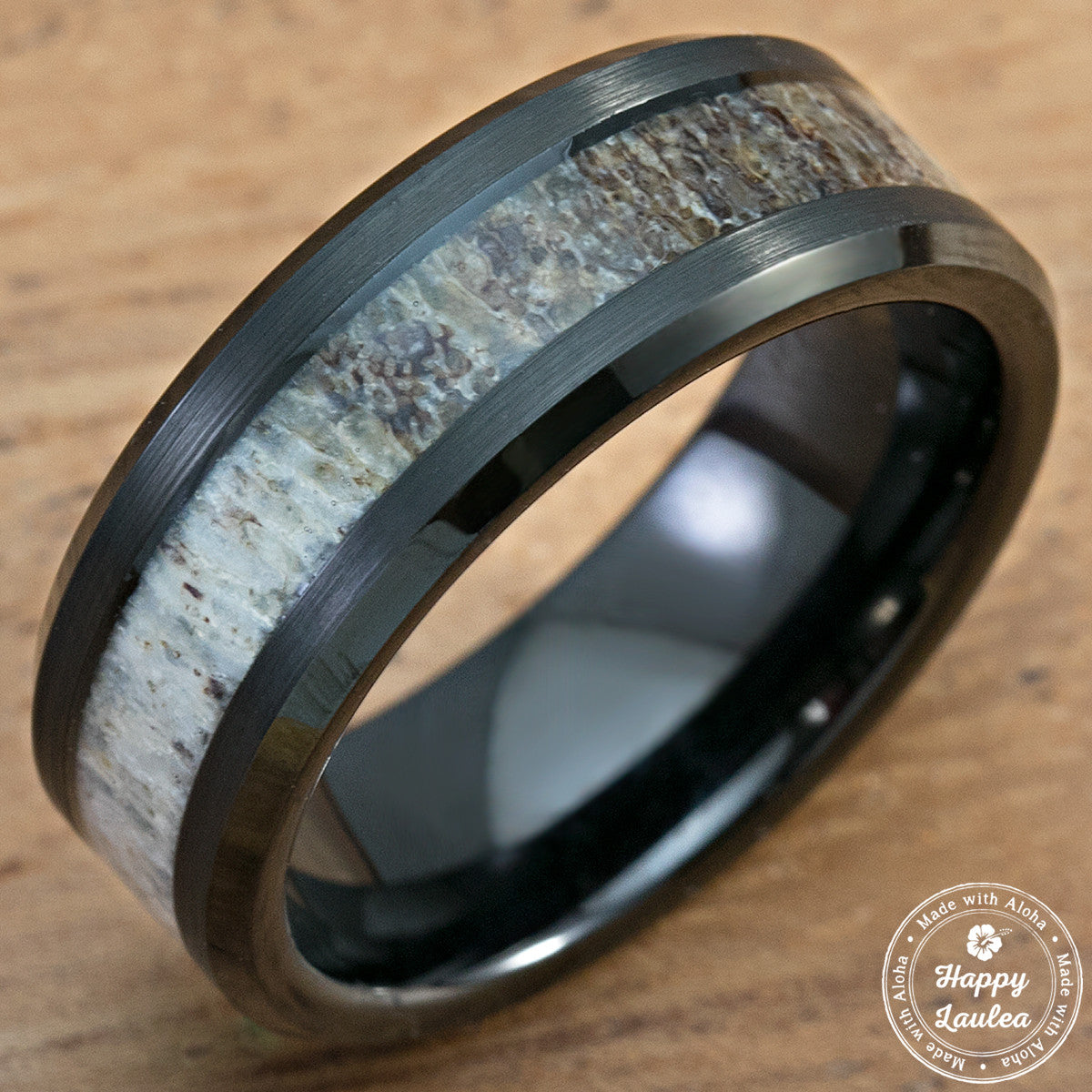 Free Engraving Black Tungsten Carbide Ring Fishing Line-Wood & Deer Antler  Band