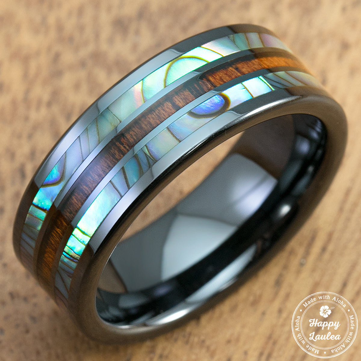 Happy Laulea outlet Black Zirconium Abalone Shell Hawaii Koa Wood Inlaid Ring …