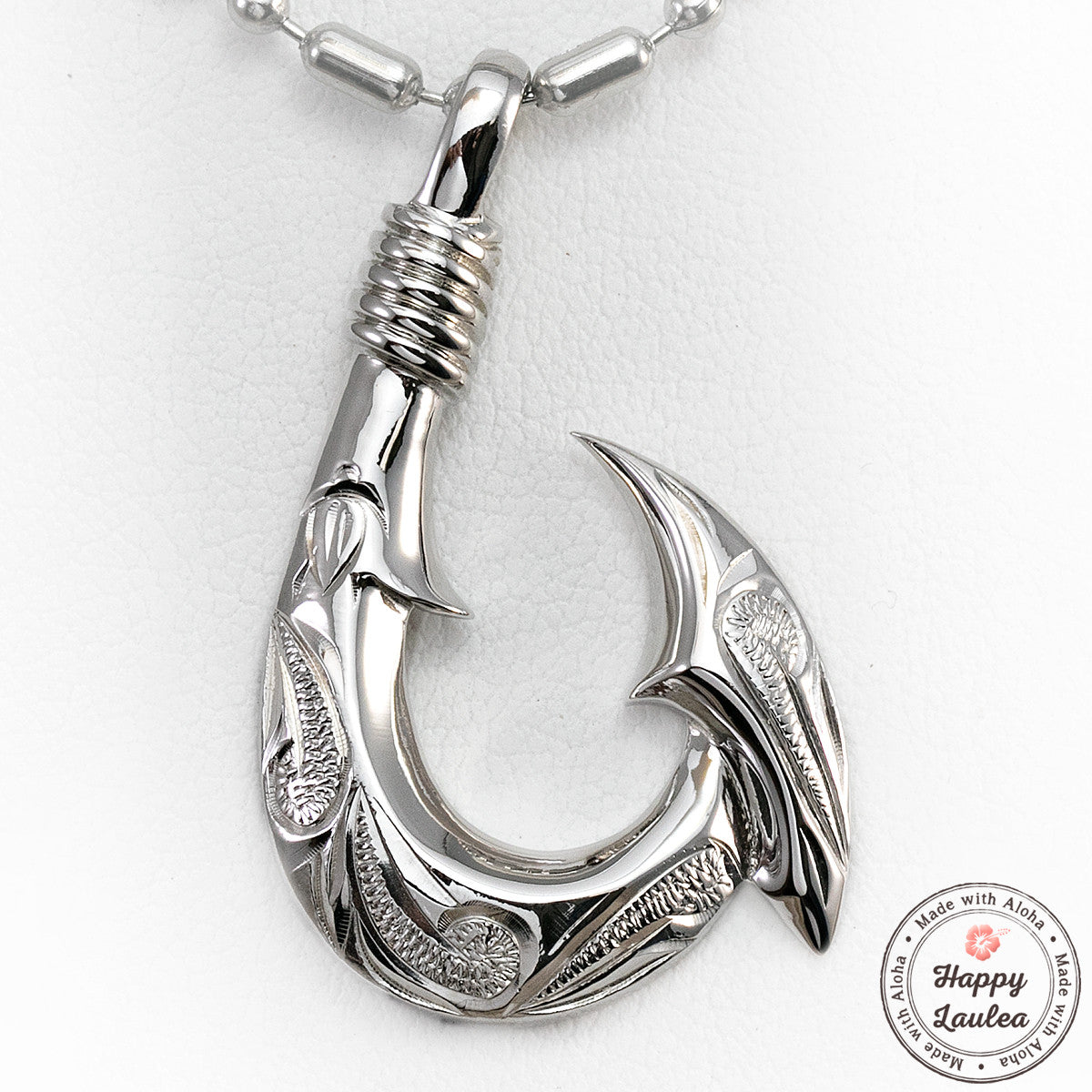 Sterling Silver Fish Hook Pendant Hand Engraved with Hawaiian Scroll D