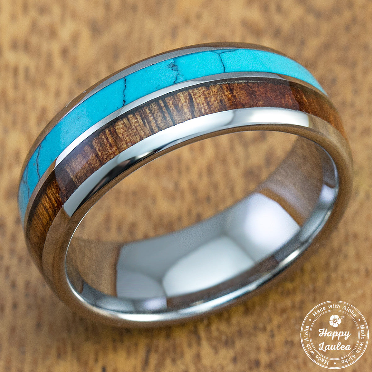 8mm Mens Tungsten Carbide Turquoise/Wood Inlay Rose Gold Color good Beveled Edge Ring