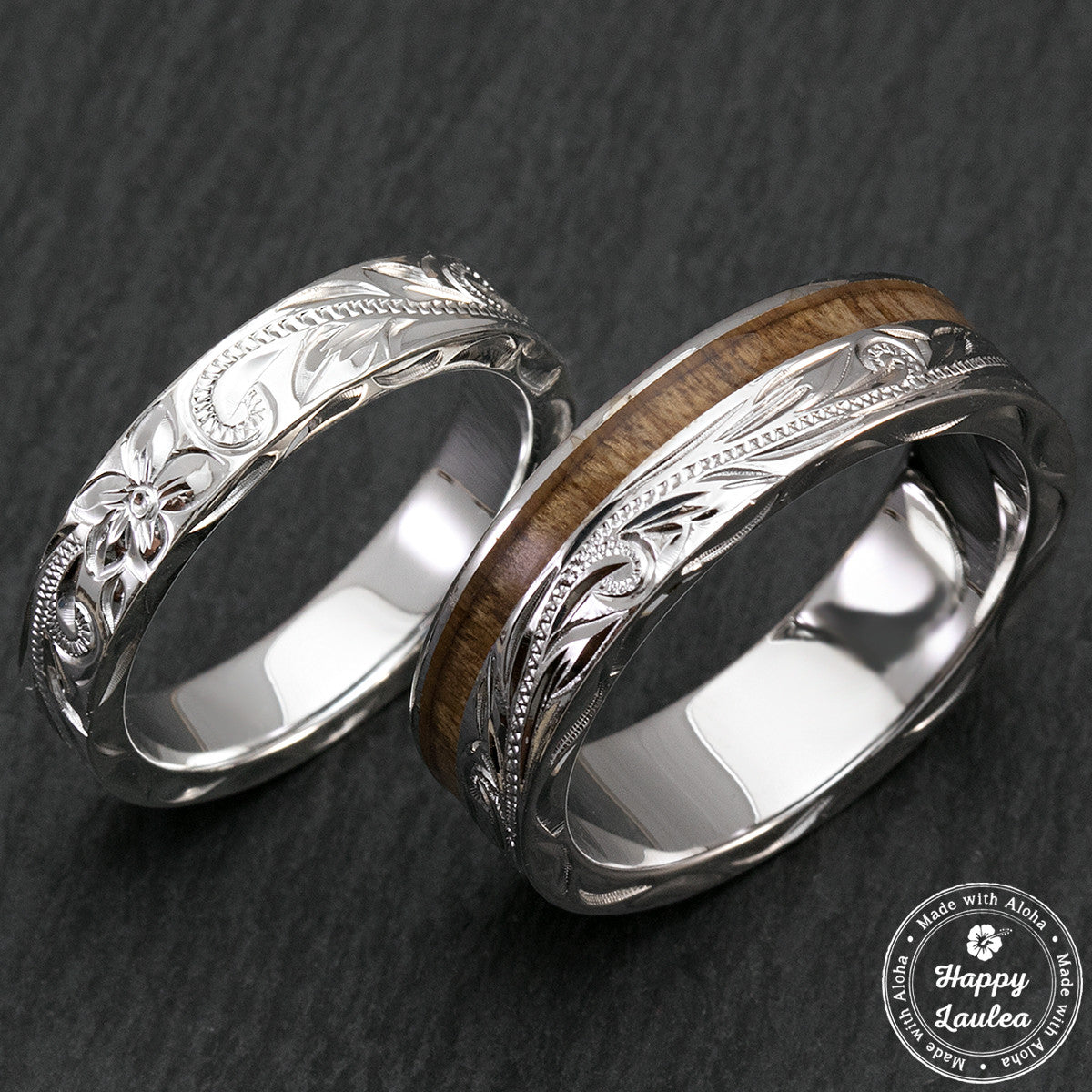 Sterling Silver Hawaiian Jewelry Couple/Wedding Ring Set with Koa Wood  Inlay - 4 & 6mm Width, Flat Style, Standard Fitment