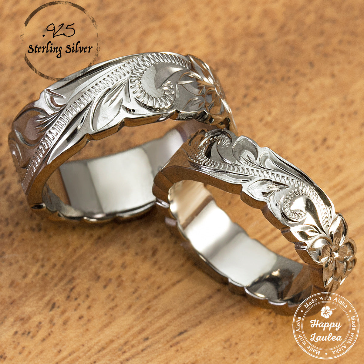 Silver Wedding Ring Set of Traditional Hawaiian Hand Engraved Sterling  Silver Rings (8mm & 6mm width Barrel Style)