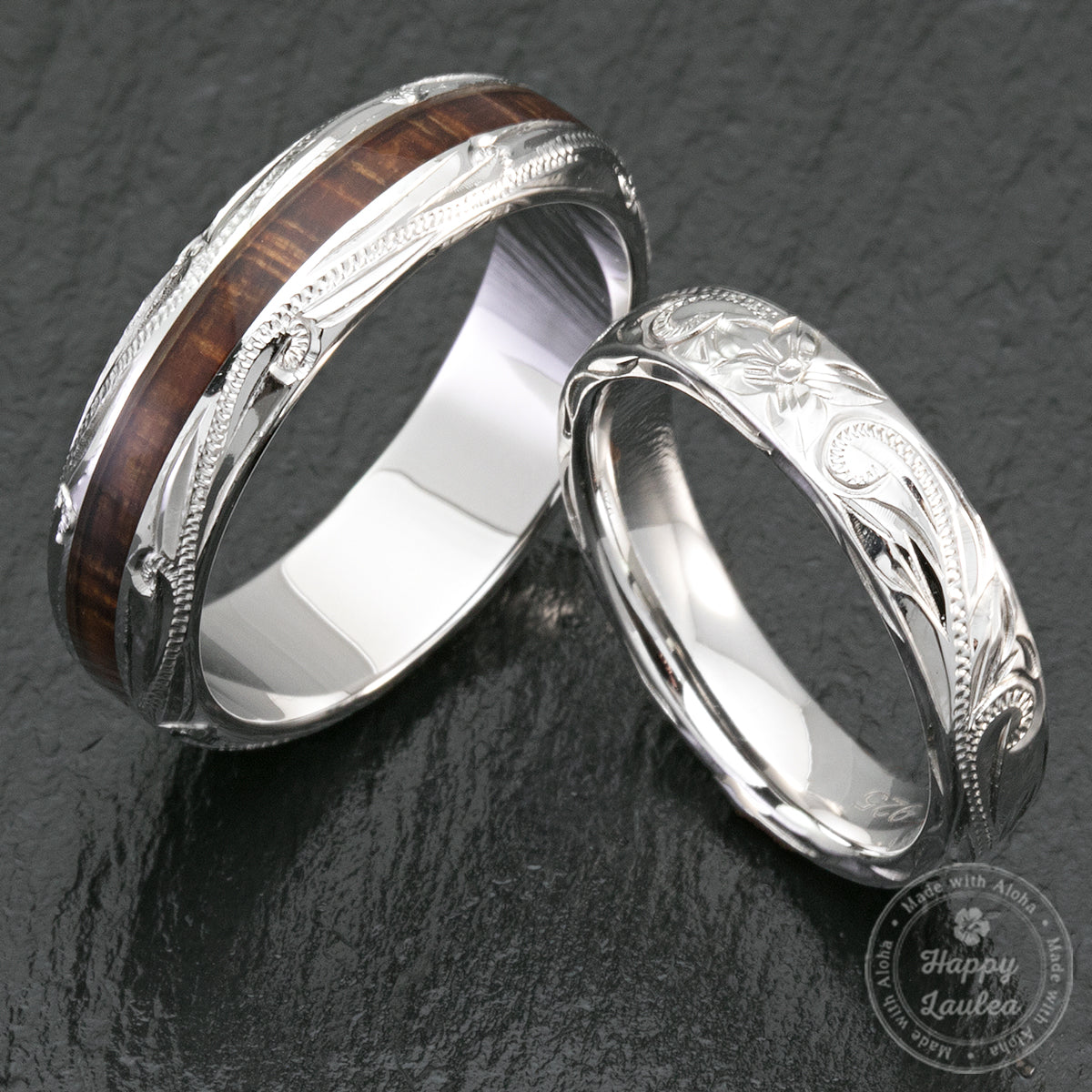 Pair of 4&6mm Sterling Silver Hawaiian Jewelry Couple/Wedding Rings wi