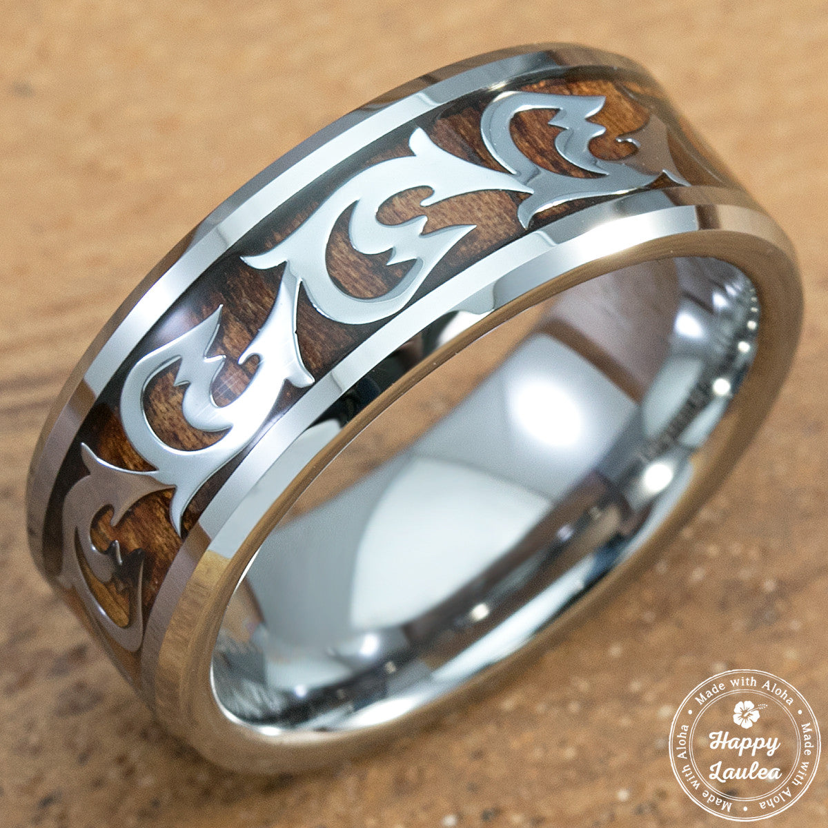 Scroll Wave Pattern and Koa Wood Inlay 8mm Tungsten Ring
