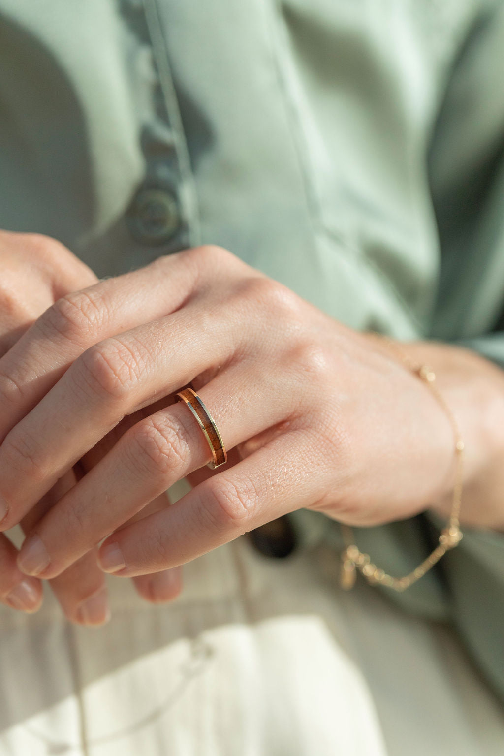 14K Gold Ring with Koa Wood Inlay - 3mm, Flat Shape, Standard Fitment