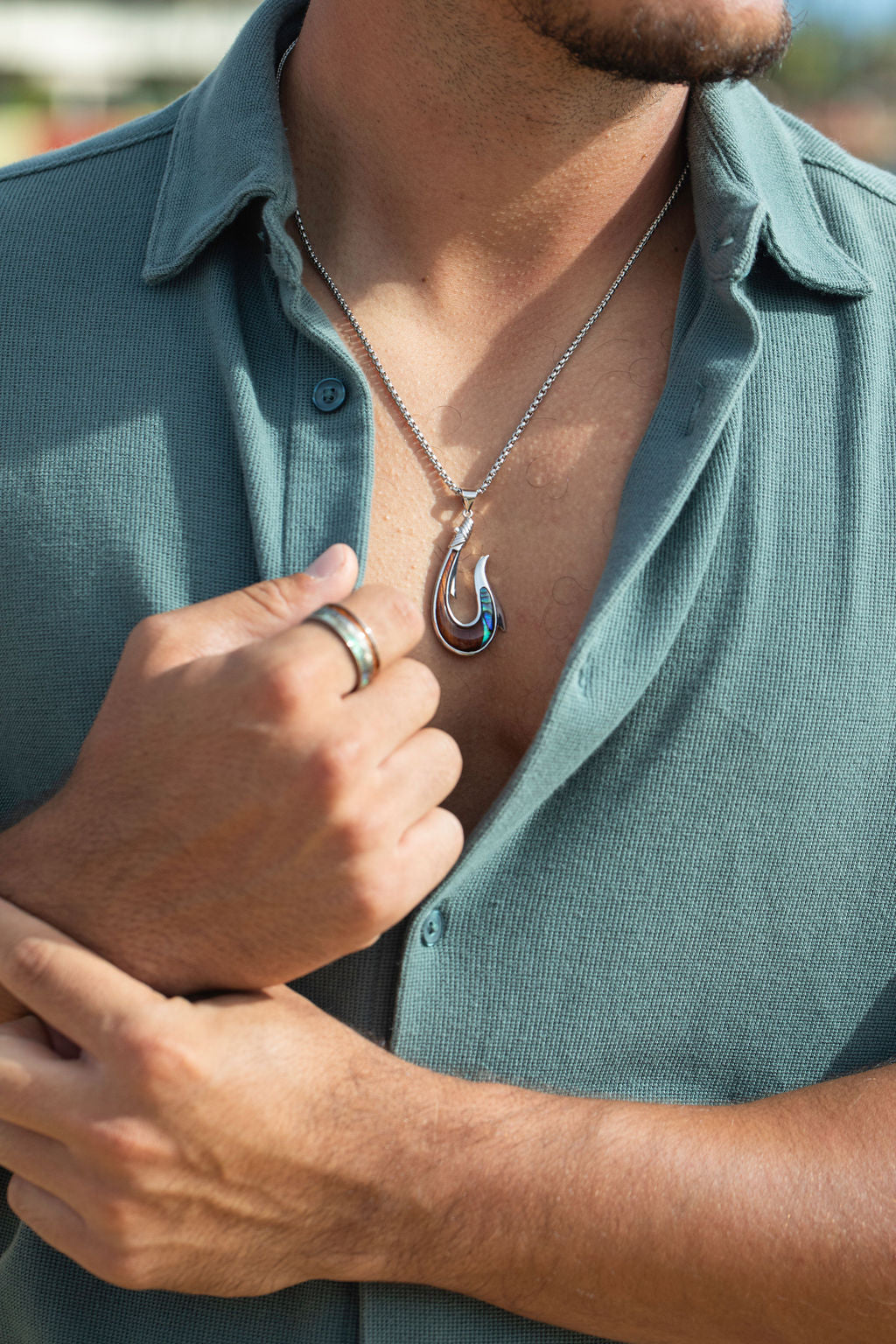 Sterling Silver Hook Pendant with Abalone Shell & Hawaiian Koa Wood