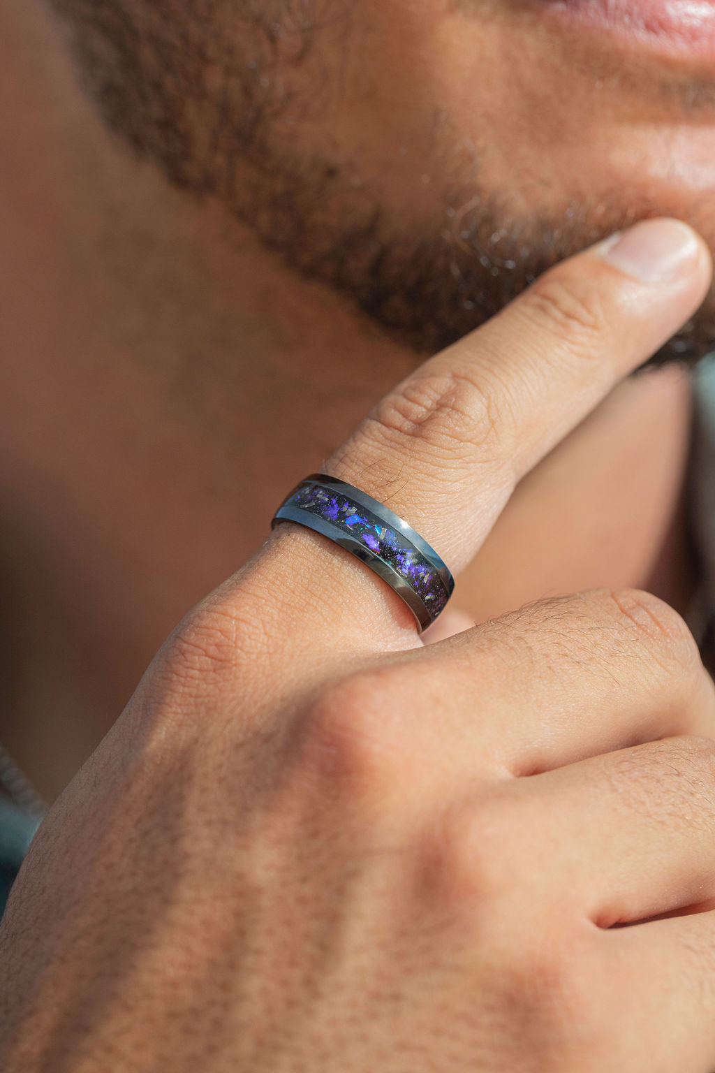 Black Titanium Ring [8mm width] Blue Fire Opal & Meteorite