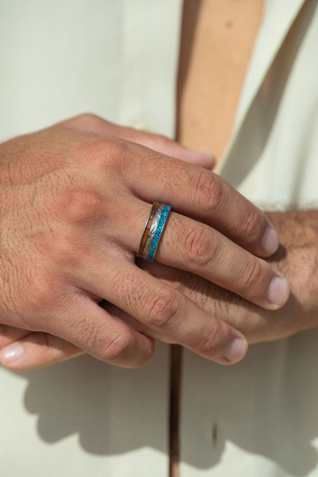 Titanium Hand Engraved Ring [8mm width] Azure Blue Opal & Hawaiian Koa Wood Inlay - Flat Shape, Comfort Fitment