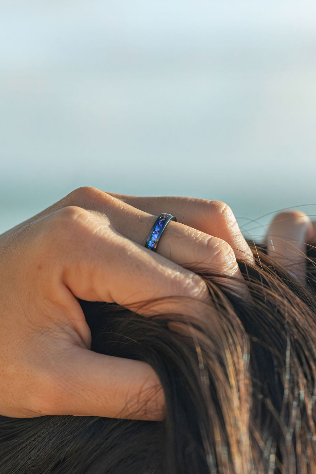 Black Titanium Ring [4mm width] Blue Fire Opal & Meteorite