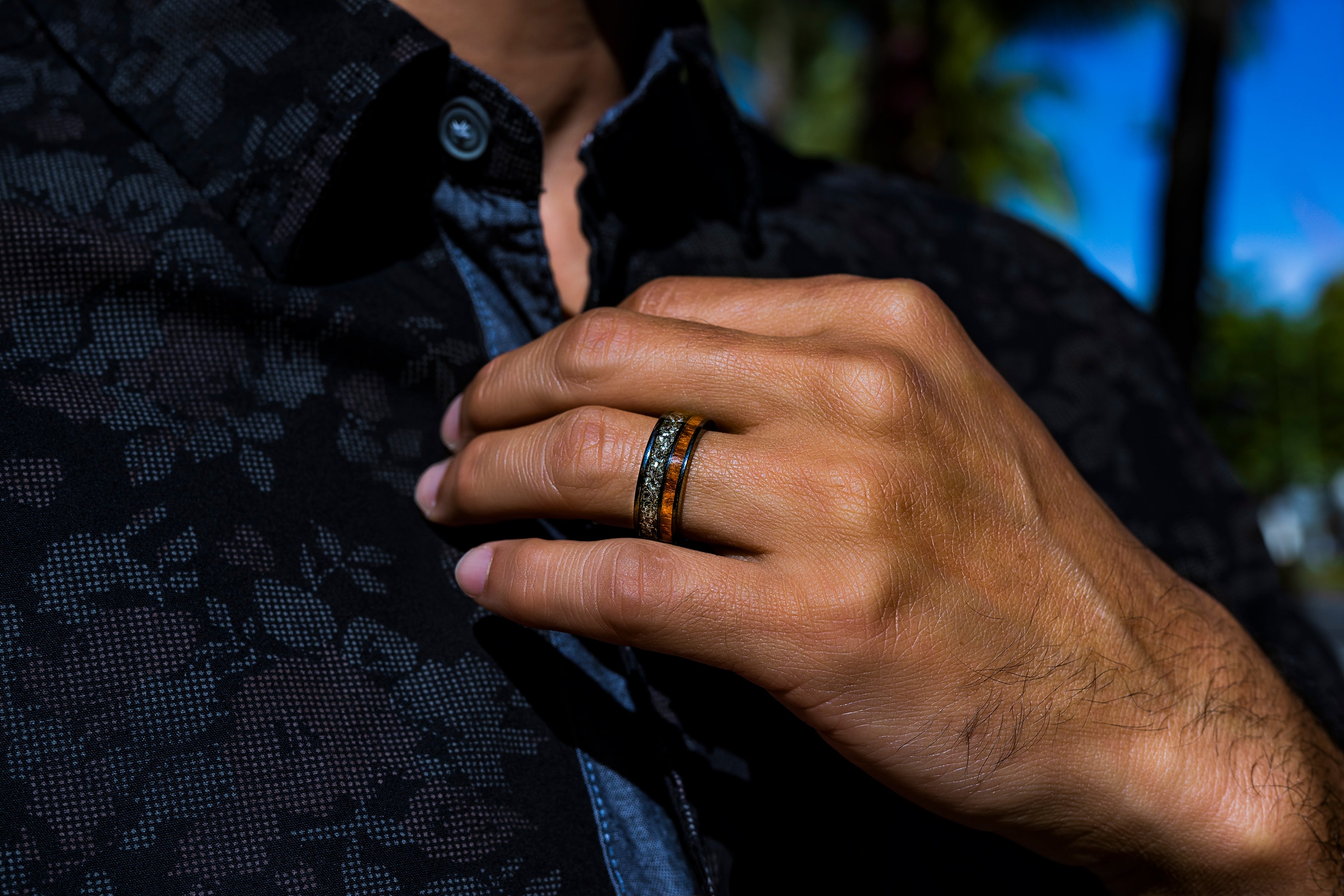 Black Titanium Ring 'Noho ʻana - Way of Life' [7mm width] Gibeon Meteorite & Hawaiian Koa Wood