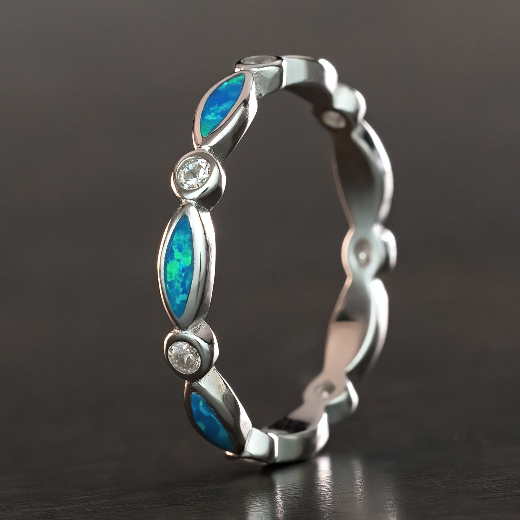 Sterling Silver Marquise Ring [2mm width] Blue & White Opal