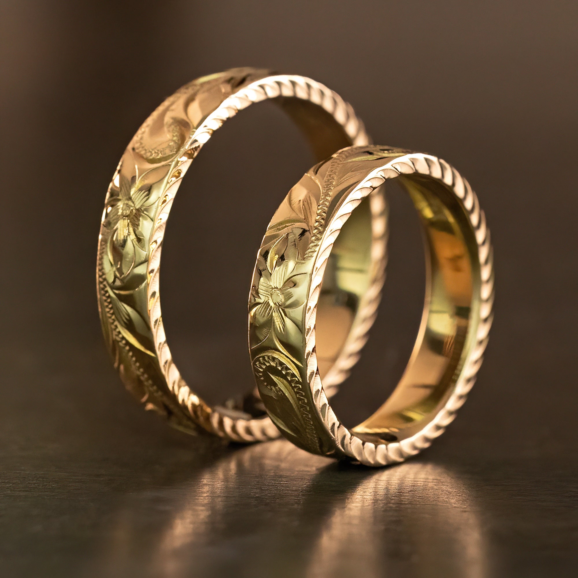 Solid Gold Hand Engraved Ring [4mm width] Diamond Cut Edges