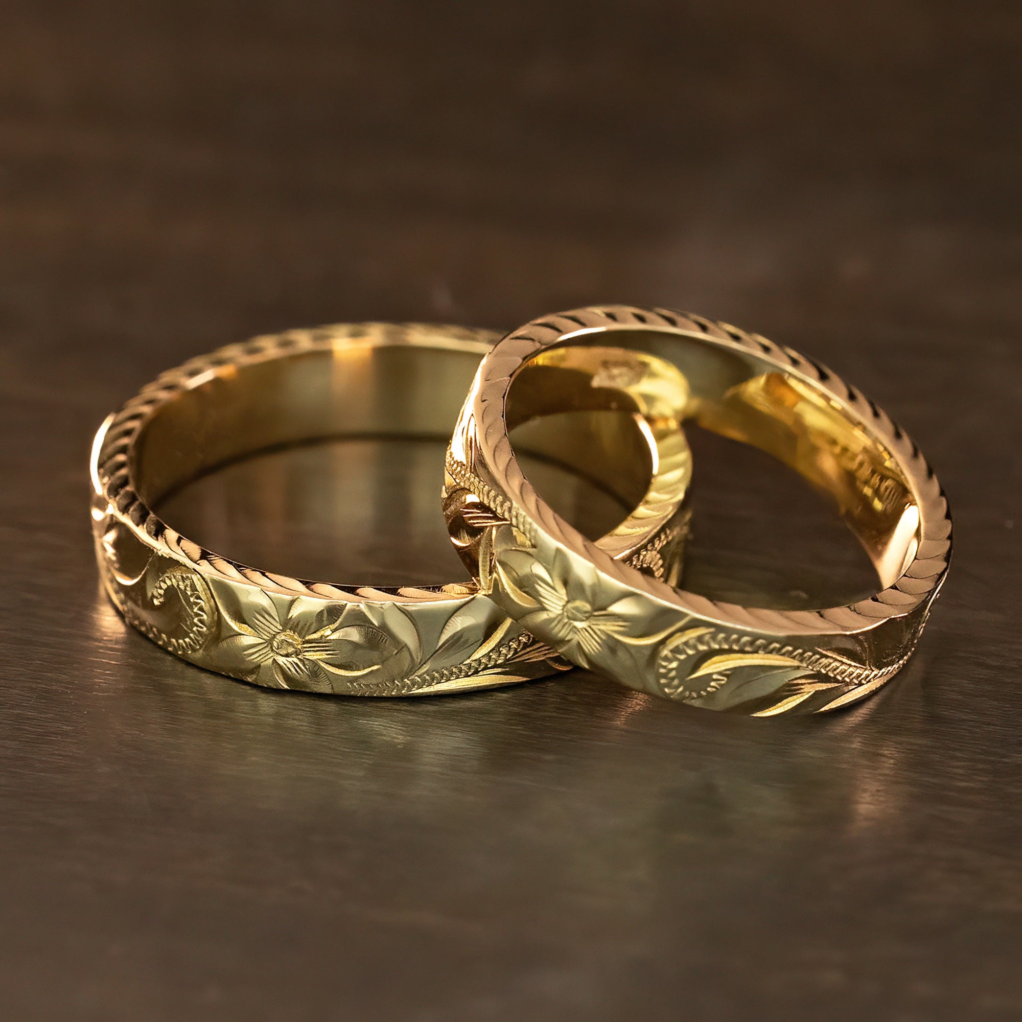 Solid Gold Hand Engraved Ring [4mm width] Diamond Cut Edges