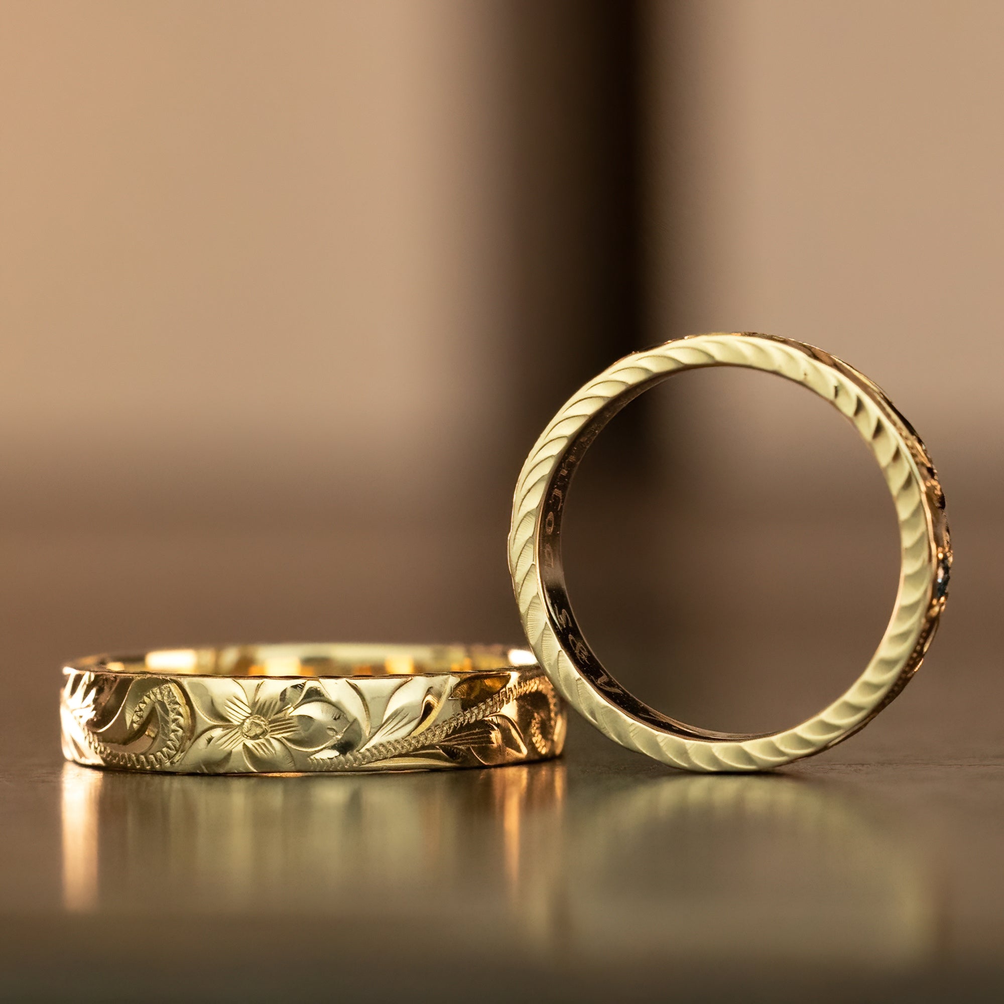 Solid Gold Hand Engraved Ring [4mm width] Diamond Cut Edges