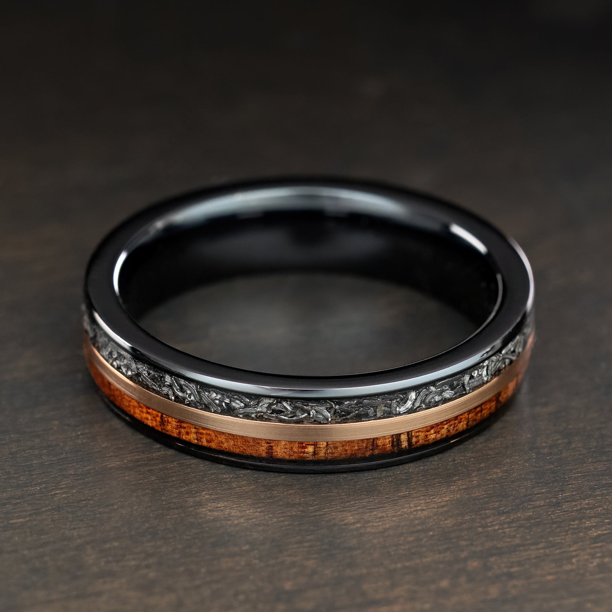 Black Titanium Mid-Rose Gold Strip Ring [6mm width] Meteorite & Hawaiian  Koa Wood