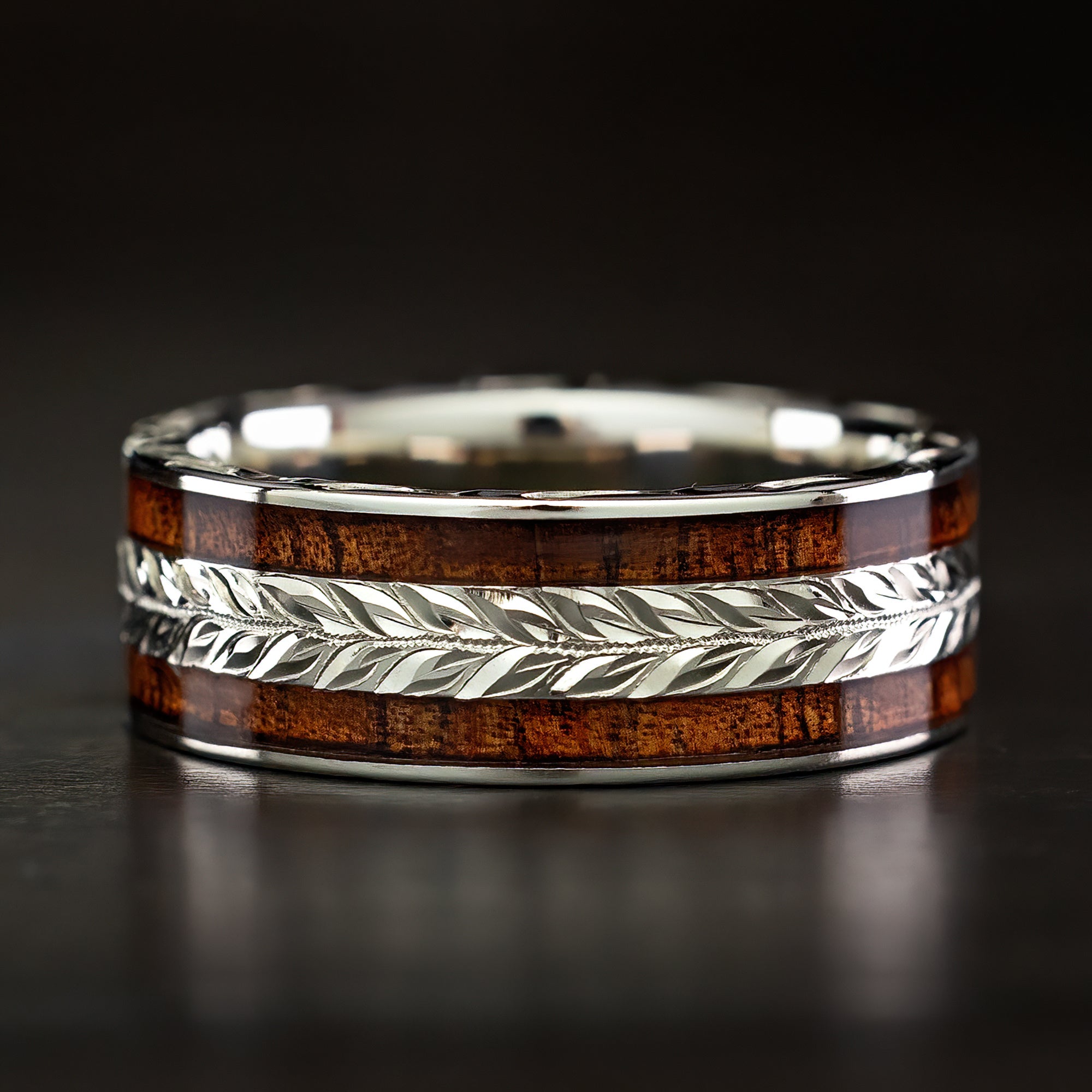 14k Gold Ring [8mm width] Maile Leaf Design & Hawaiian Koa Wood