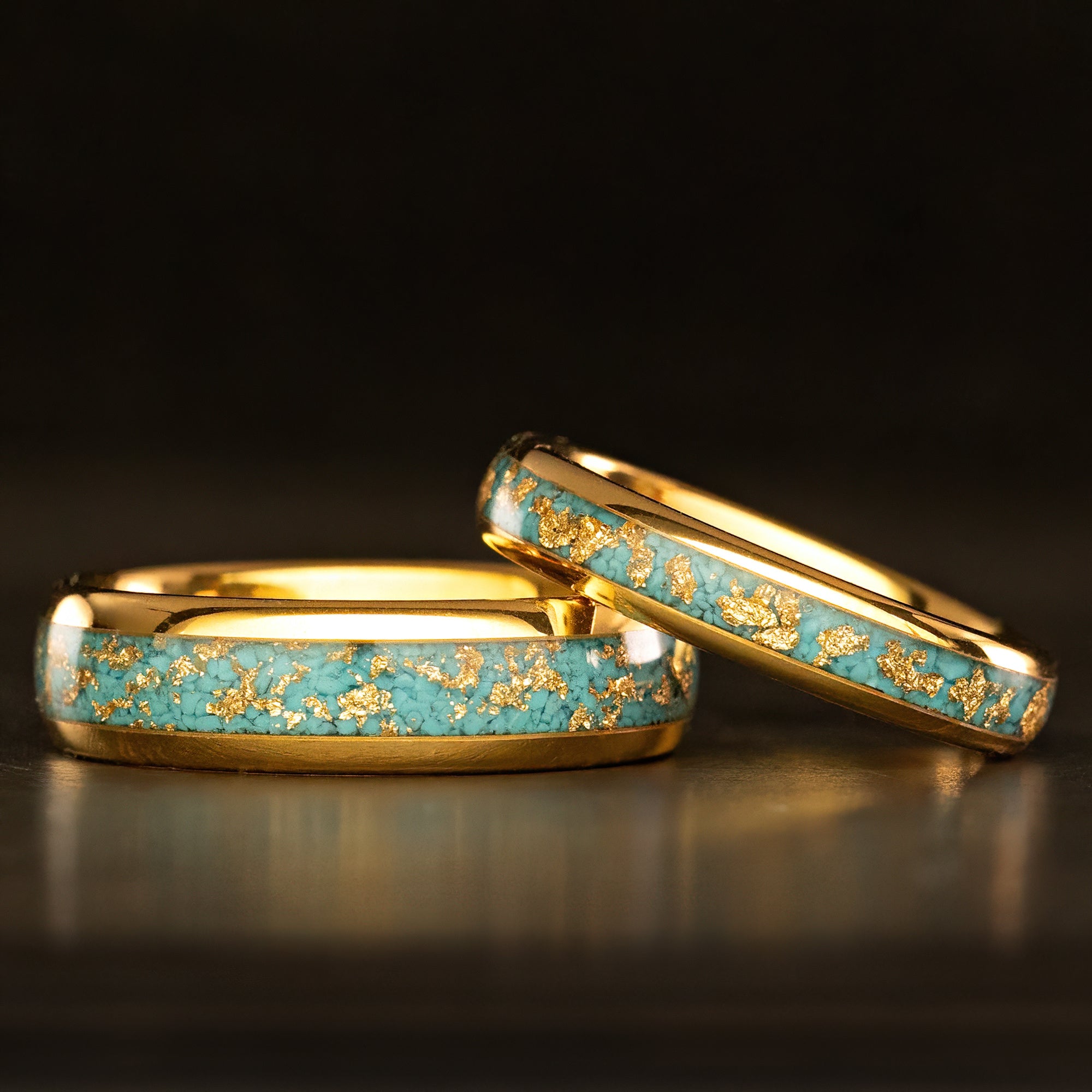 (Pair Ring Set) Tungsten Carbide [4&6mm] Turquoise & Gold Flake