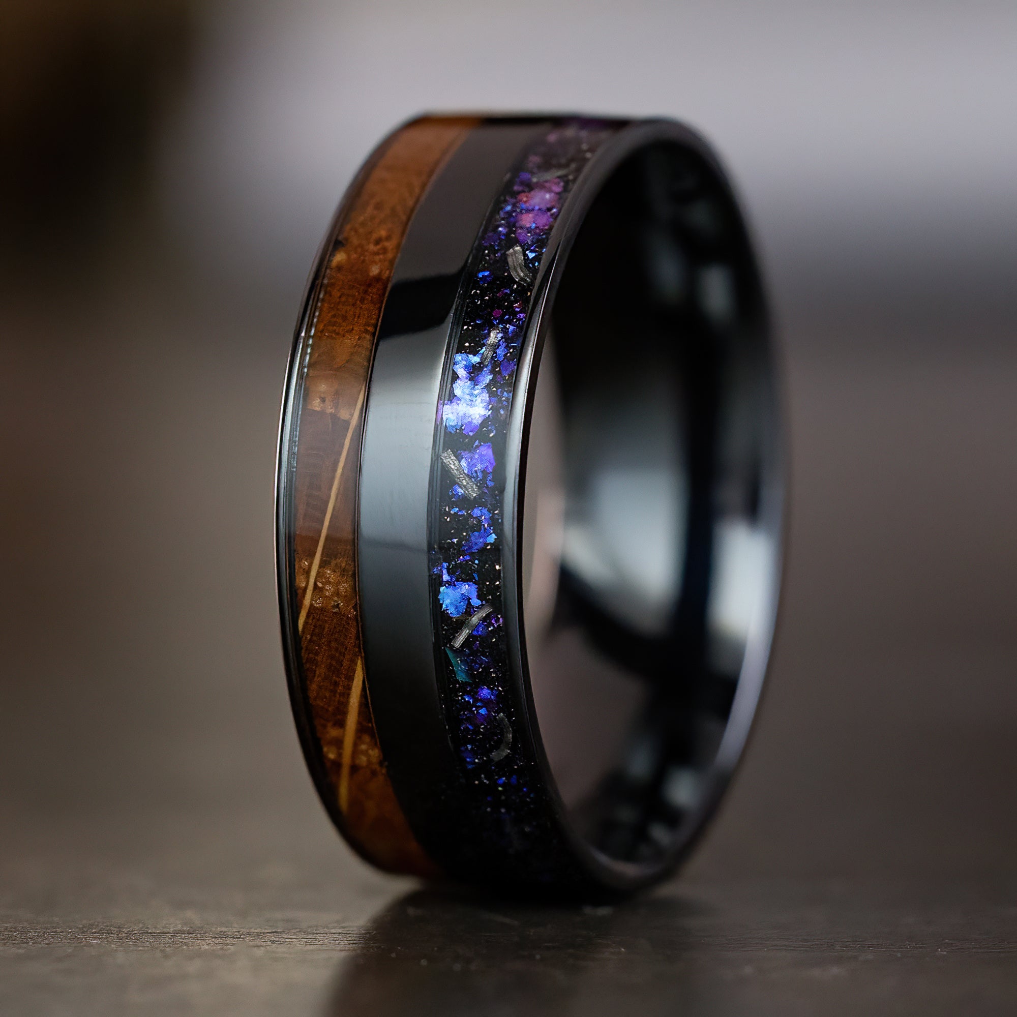 Blue Fire Opal & Whisky Barrel Wood [8mm Width] Black Titanium