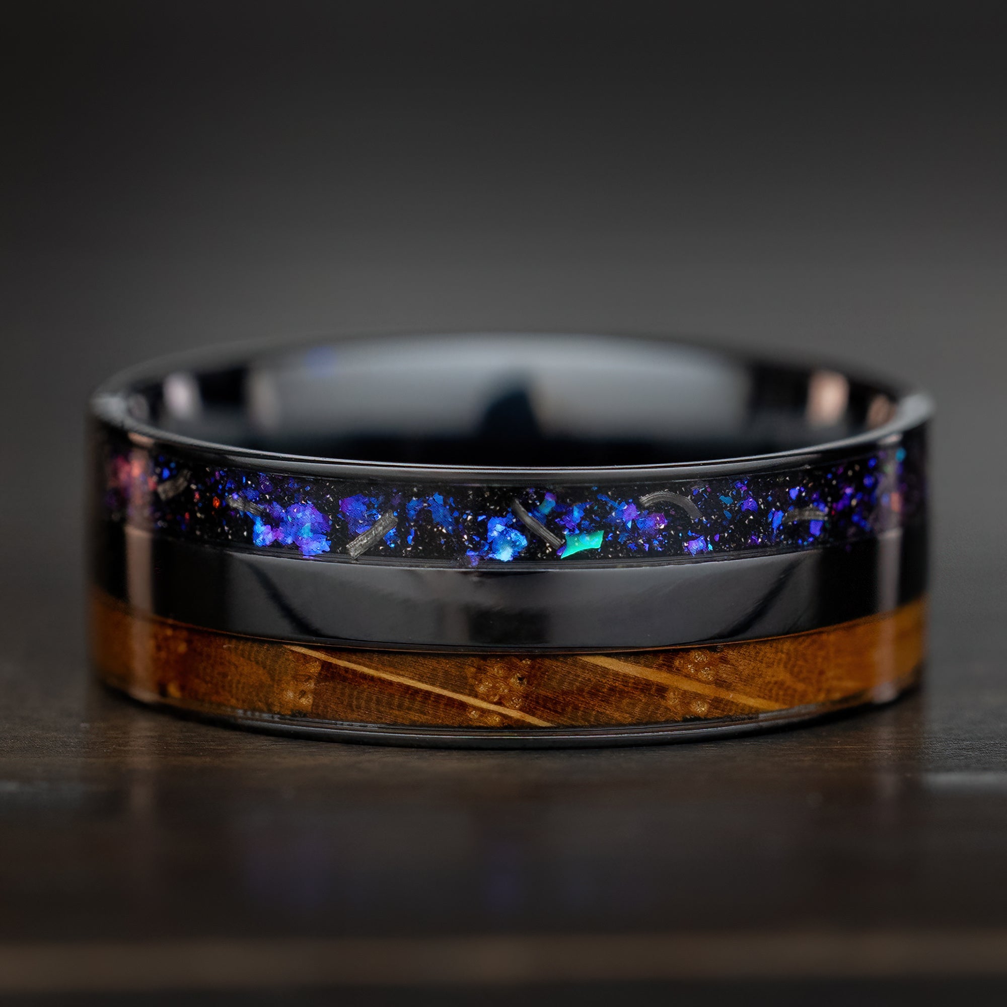 Blue Fire Opal & Whisky Barrel Wood [8mm Width] Black Titanium