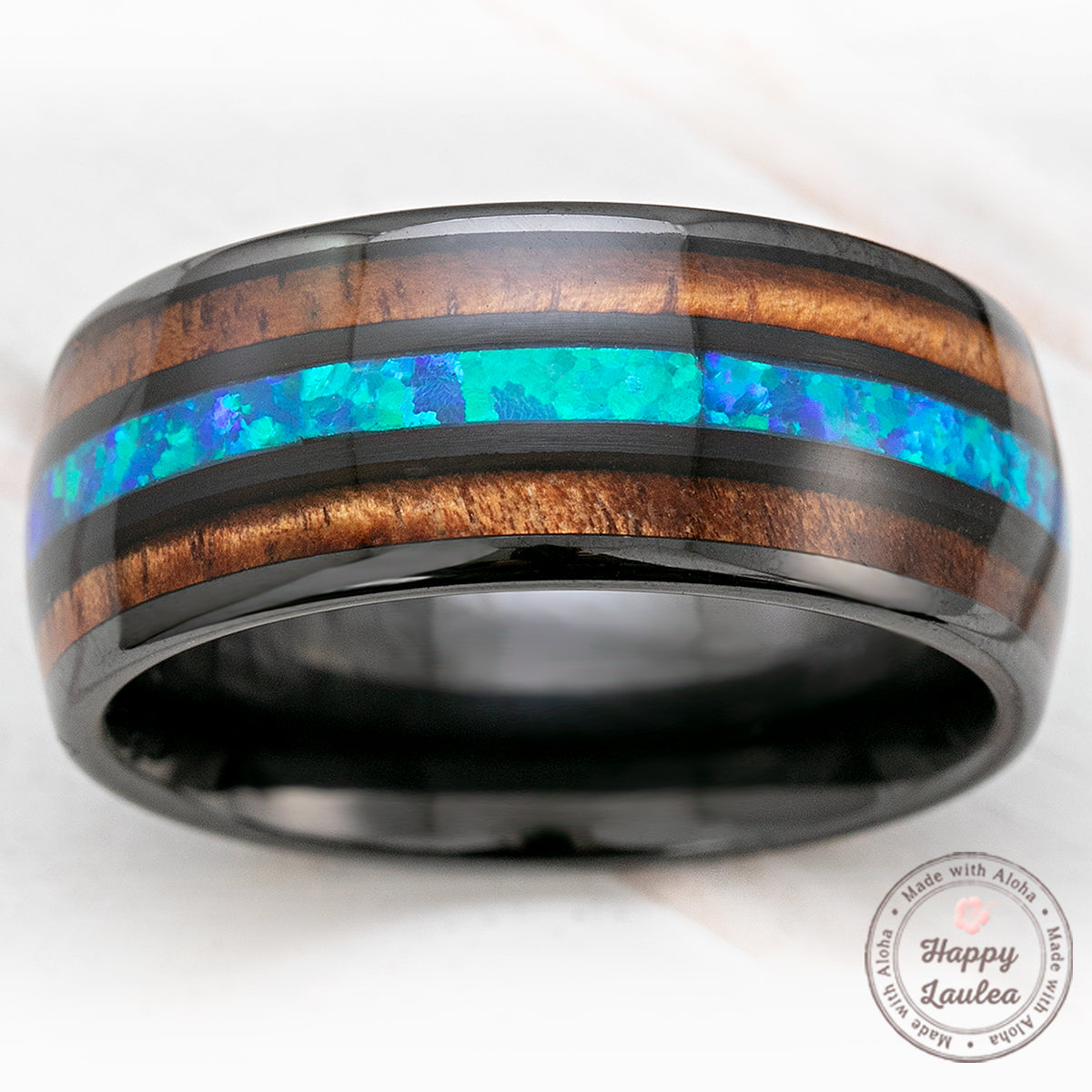 Black Ceramic 10mm Ring with Blue Opal & Hawaiian Koa Wood Tri Inlay - Dome Shape, Comfort Fitment