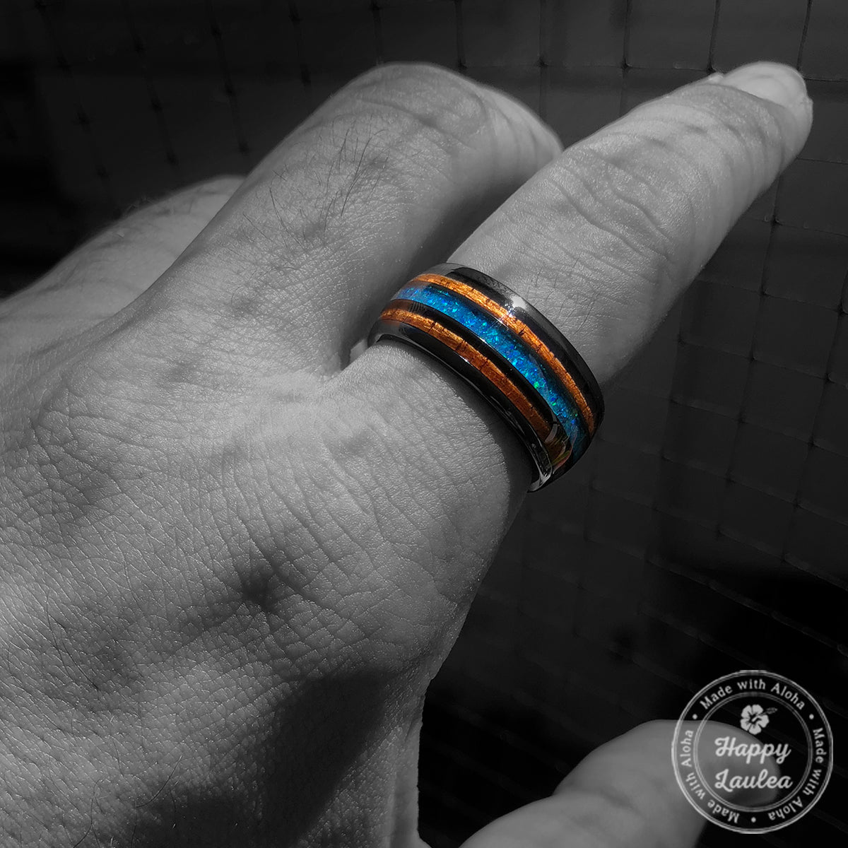 Black Zirconium 10mm Ring with Azure Blue Opal & Hawaiian Koa Wood Tri-Inlay - Dome Shape, Comfort Fitment