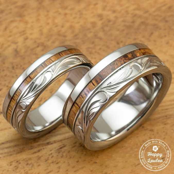 Titanium Wedding Band Set with Hawaiian Koa Wood Inlay Hand Engraved with Hawaiian Heritage Design