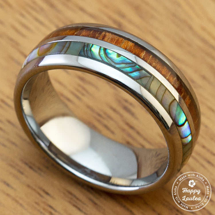 Tungsten Carbide 8mm Width Ring with Hawaiian Koa Wood and Abalone Pau'a Shell Inlay