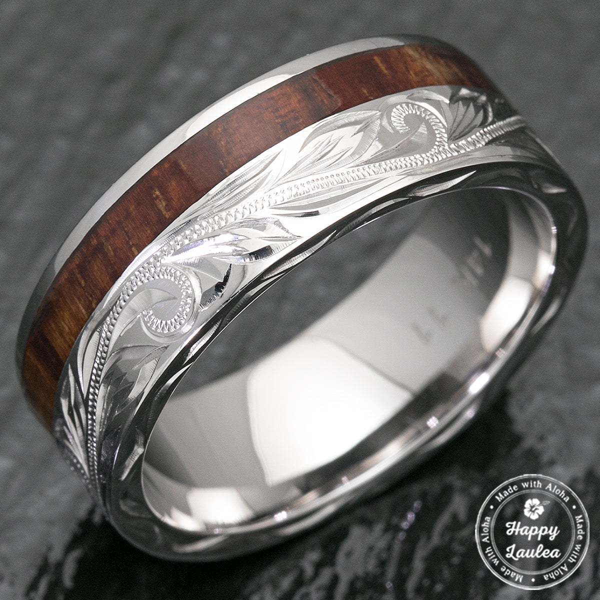 14K White Gold Hawaiian Jewelry Ring With Offset Koa Wood Inlay 8mm   14k 8mm Offset Koa Ring 1 