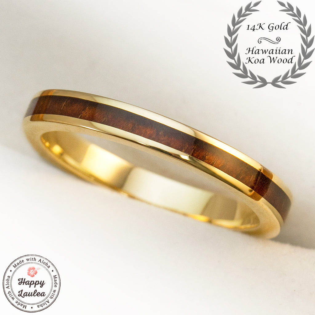Luxury 14K Yellow Gold Koa Wood Wedding Rings Dome 7mm for Men Women, 9