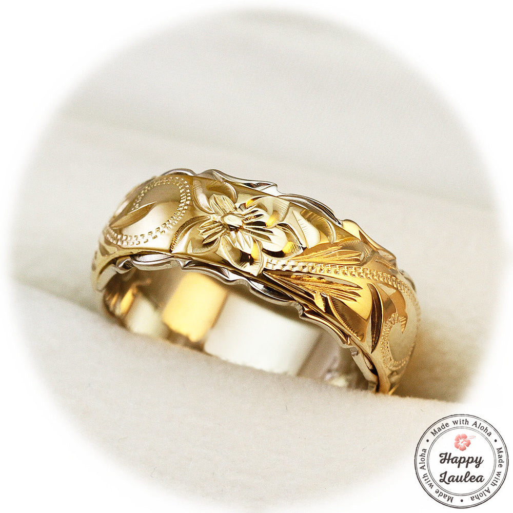 14K Gold Two Tone Ring with Hawaiian Hand Engraved Heritage Design - 8x6mm,  Dome shape, Standard Fitment