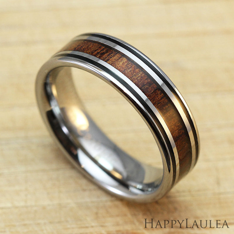 Hawaiian Koa Wood 6mm Tungsten Carbide Ring with Black Enamel linings